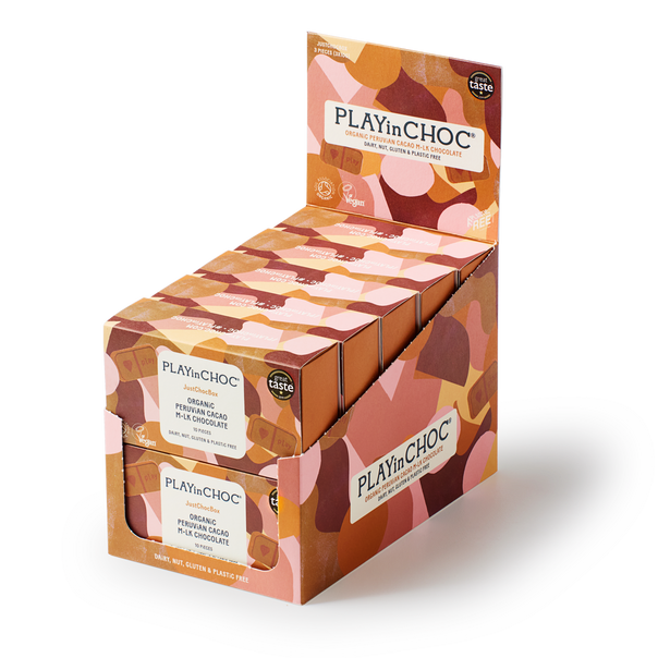 JustChoc Box<br>Organic Peruvian Cacao M•lk Chocolate 10 x 100g